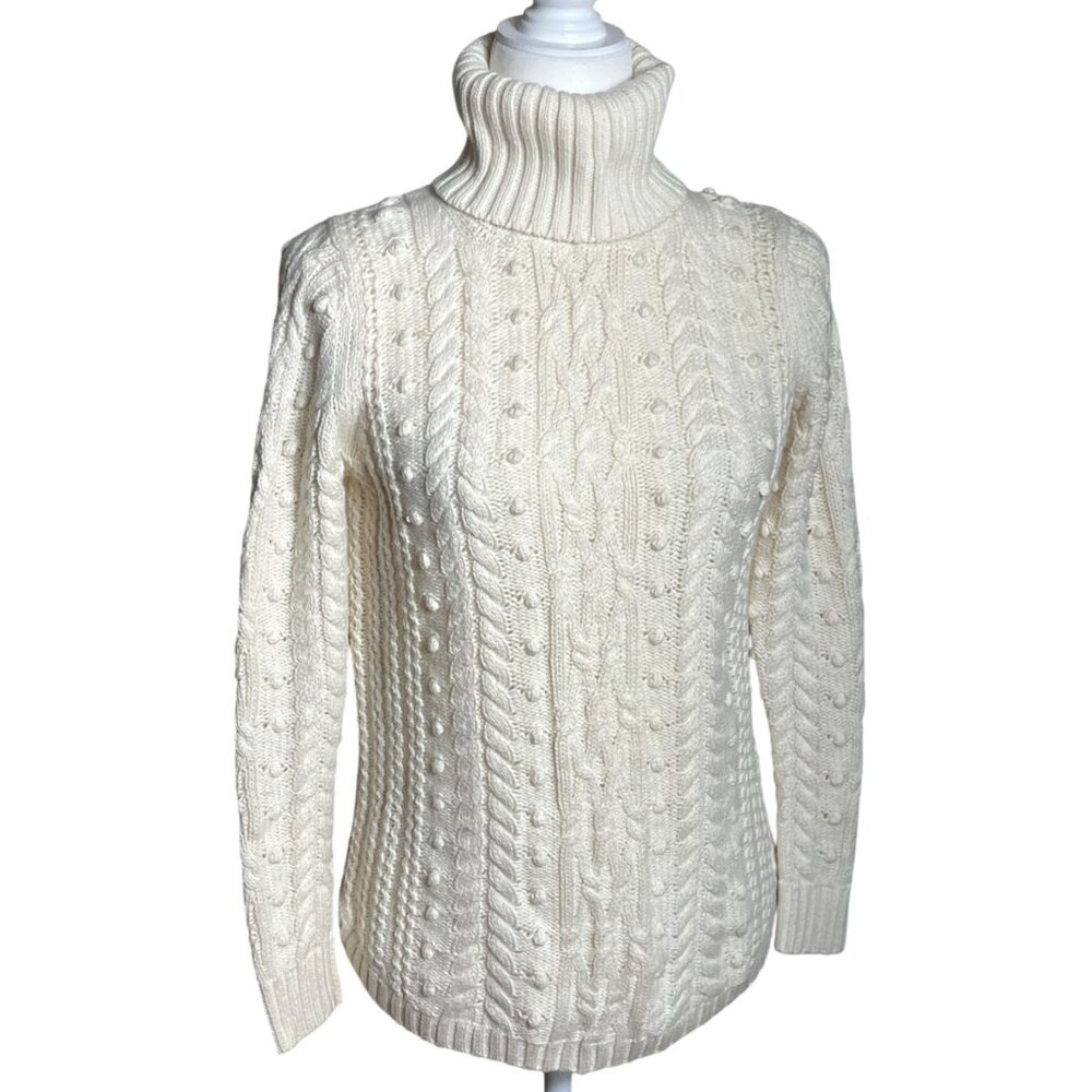 Gap Ivory Sweater Turtleneck 3D Texture Bobble Cable Cotton Wool Cottage Women S - Picture 2 of 10